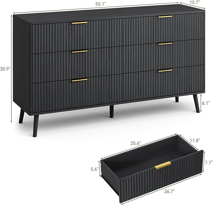 LYNSOM Fluted Dresser and Nightstand Set, 3 Pieces Bedroom Set, 55 Inch Wide 6-Drawer Dresser & 2-Drawer Nightstands Set of 2, Modern Dressers Set for Bedroom, Hallway, Black