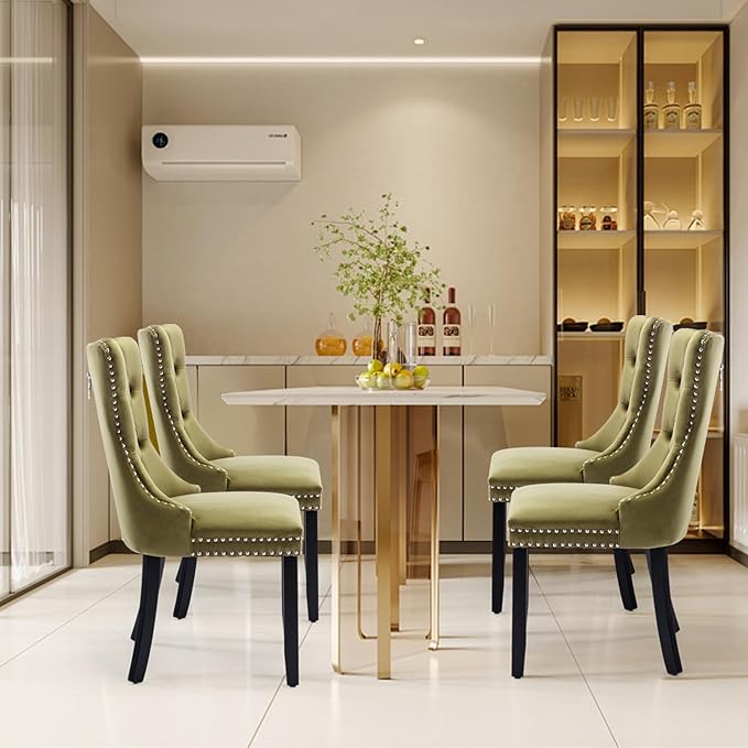 Velvet Upholstered Dining Chairs Set of 4, Modern Style Kitchen Side Chairs with Nailhead Trim and Wood Legs,Metal Pulling Ring for Dining Room Living Room(Olive Green,Set of 4)