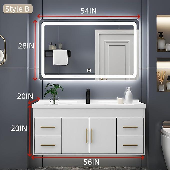 56IN Modern Bathroom Vanity - LED Intelligent Mirror Cabinet Includes Time Display & Defogging | Bathroom Cabinet with Sink & Open Storage Compartments, Ceramic Washbasin, 4 Drawers (Style B)
