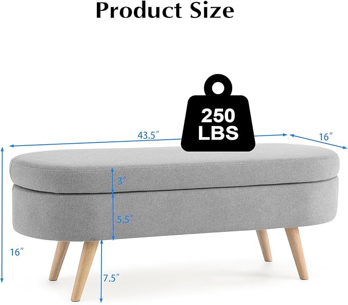 Storage Ottoman Bench 43" Storage Bench for Bedroom, Upholstered Soft Boucle Fabric End of Bed with Safety Hinge Solid Wood Legs Foot Stool Benches for Hallway,Closet,Oval, Entryway, Grey