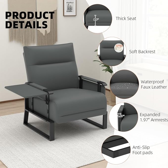 Upholstered Accent Chairs Set of 2, Modern Faux Leather Sofa Chairs with Foldable Side Tray Table & Storage Pocket, Small Accent Sofas for Living Room, Bedroom, Gray