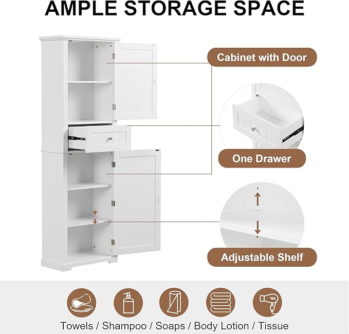 Tall Storage Cabinet, Bathroom Floor Freestanding Storage Cabinet with 2 Doors, One Drawer, and Adjustable Shelf for Bathroom, Office, Living Room, White