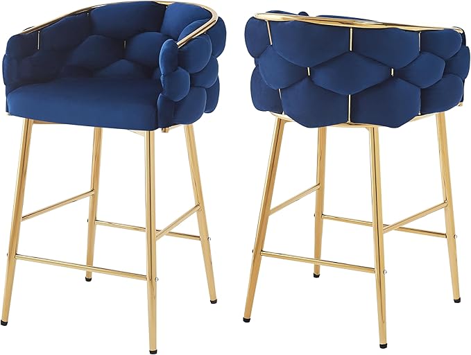 Christopher Knight Home Barrel Counter Stools,Velvet Counter Height Barstools, Modern Luxury Makeup Stool Upholstered Chairs with Gold Legs(Set of 2),Blue