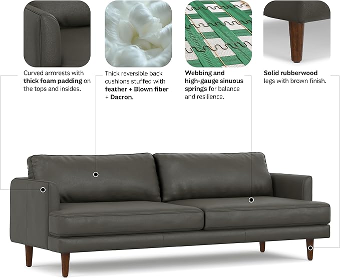 SIMPLIHOME Livingston 90-inch Wide Sofa in Coal Top Grain Genuine Leather, Handcrafted Mid-Century Modern Couch for Living Room, Large 3-Seater with Feather-Wrapped Cushions and Solid Wood Frame