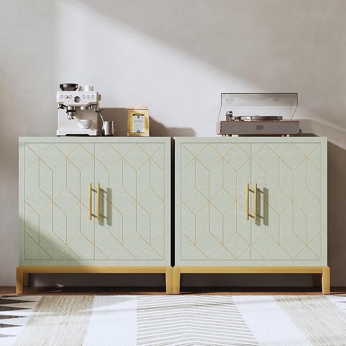 HLR Accent Cabinet with Gold Trim Set of 2,Storage Cabinet with 2 Doors,Modern Wooden Sideboard for Living Room, Kitchen, Office and Hallway(Green)
