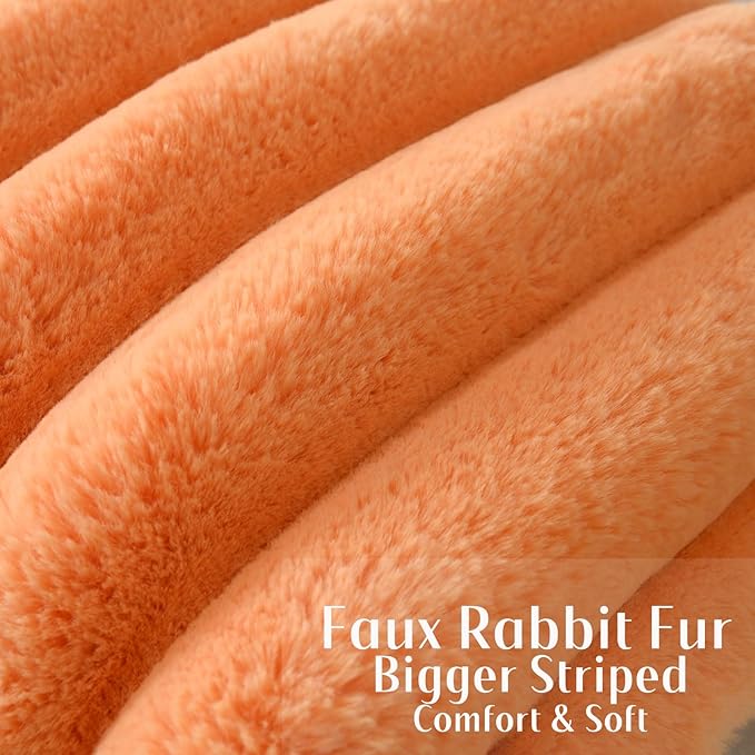 FUTEI Orange Decorative Throw Pillow Covers 18x18 Inch Set of 2, Square Soft Faux Rabbit Fur Thick Striped Cushion Cover,Winter Home Decor for Couch Bed Living Room