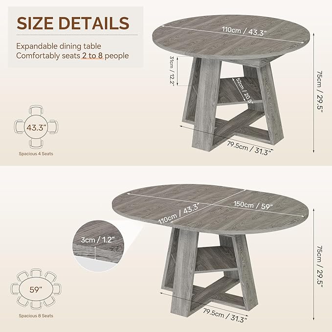 Aivermel 43.3‑59 in Extendable Oval Dining Table for 4‑6, Engineered Wood Round Dining Table with Hidden Extension Storage & Bottom Shelf, Space‑Saving Modern Kitchen Living Room Tables (Vintage Grey)