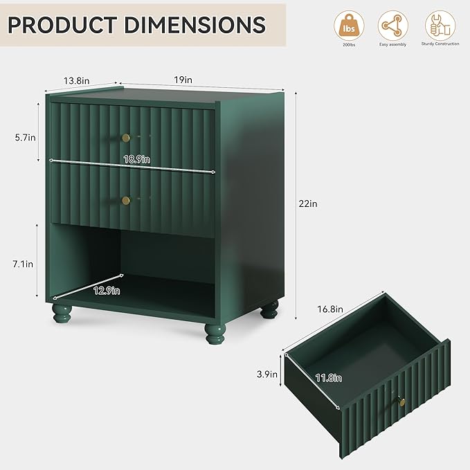 Modern Nightstand Set of 2, Fluted End Table with Open Shelf, Night Stand with 2 Drawers for Bedroom (Green)