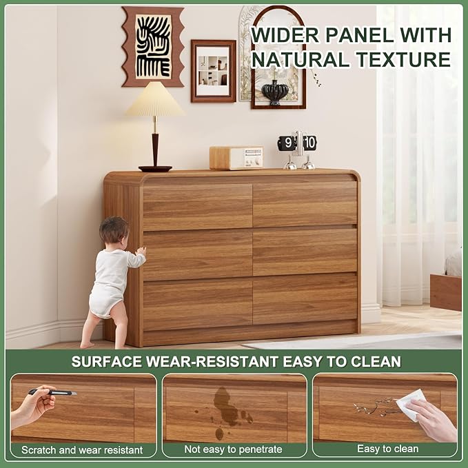 47 Inch Dresser For Bedroom 6 Drawer Wood Chest of Drawers - Curved Anti Collision, Mid Century Dresser For Closet with Natural Texture & Pre-Embedded Slots for TV Stand, Living Room, Nursery