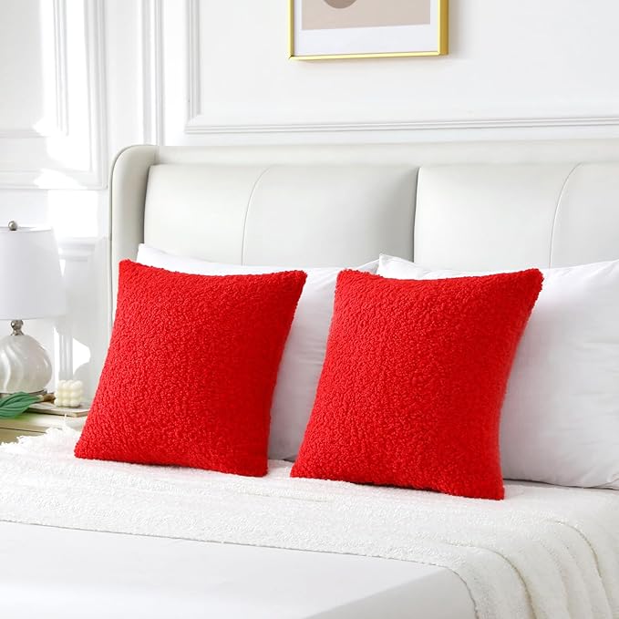 FUTEI Christmas Red Throw Pillow Covers 22x22 Inch Set of 2,Furry Faux Fur Teddy Boucle Textured Cushion Covers,Soft Fluffy Decorative Pillow Case,Home Decor for Couch Bed Living Room Office Car
