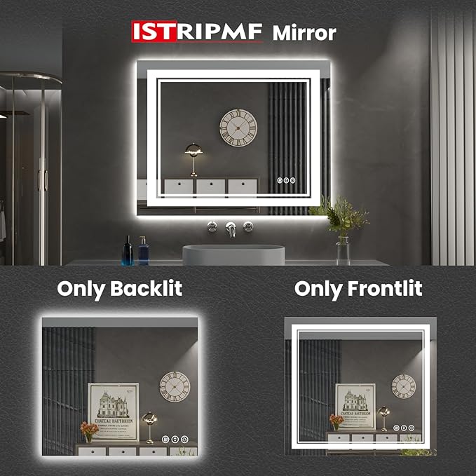 40 x 38 Inch LED Bathroom Mirror, Front Light and Backlit Anti-Fog Dimmable Memory Lighted Vanity Mirror, Shatterproof Wall-Mounted Led Mirror for Bathroom