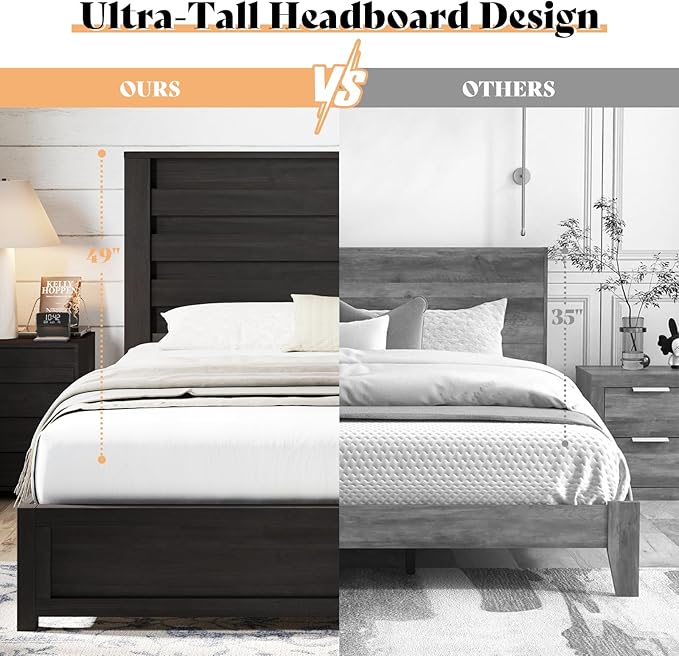 AMERLIFE Farmhouse Full Size Bed Frame with 49" Fluted Headboard, Wood Platform Bed with Natural Grain, No Box Spring Needed/Noise Free, Black