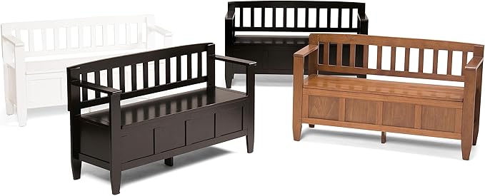 SIMPLIHOME Brooklyn Entryway Storage Bench - 48 inch Wide Solid Wood Storage Seat in Medium Saddle Brown, Contemporary Bench for Entryway or Living Room with Lift-Up Lid and Slatted Backrest