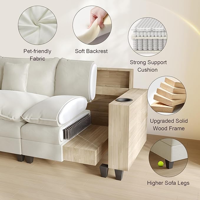 Cloud Couch, Modular Sectional Sofa with Ottoman, Charging Station, Throw Pillows, Cup Holders, Modern Convertible L Shaped Couches for Living Room, Bedroom (White, 152"- U Shape)