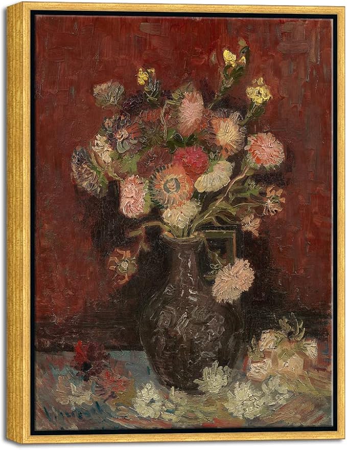 Wieco Art Framed Art Vase with Chinese Asters and Gladioli by Van Gogh Famous Oil Paintings Reproduction Abstract Canvas Prints for Home Decorations Bronze Gold Frame