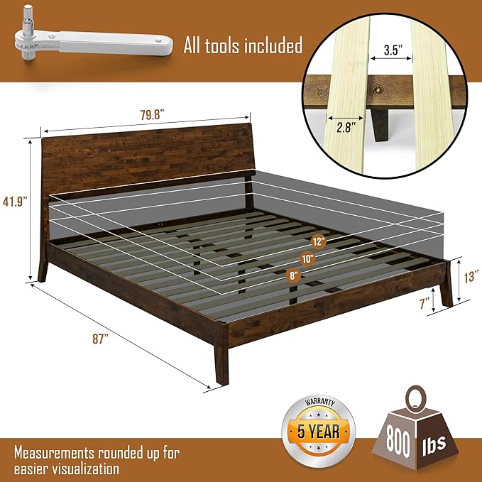 Acacia Serenity King Size Bed Frame, King Bed Frame with Headboard 800 lbs Capacity Natural Wood Bed All Mattress Support & No Box Spring Needed, Wood Slats Support Wooden BedFrame King, Walnut