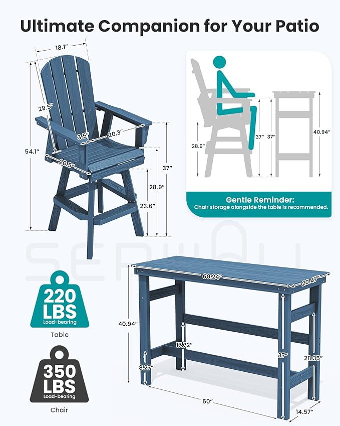 SERWALL 10-Piece Swivel Adirondack Bar Set, HDPE Swivel Bar Height Chairs Set of 8 with 2 Bar Tables, All-Weather Outdoor Barstools for Patio, Poolside, Garden, Blue