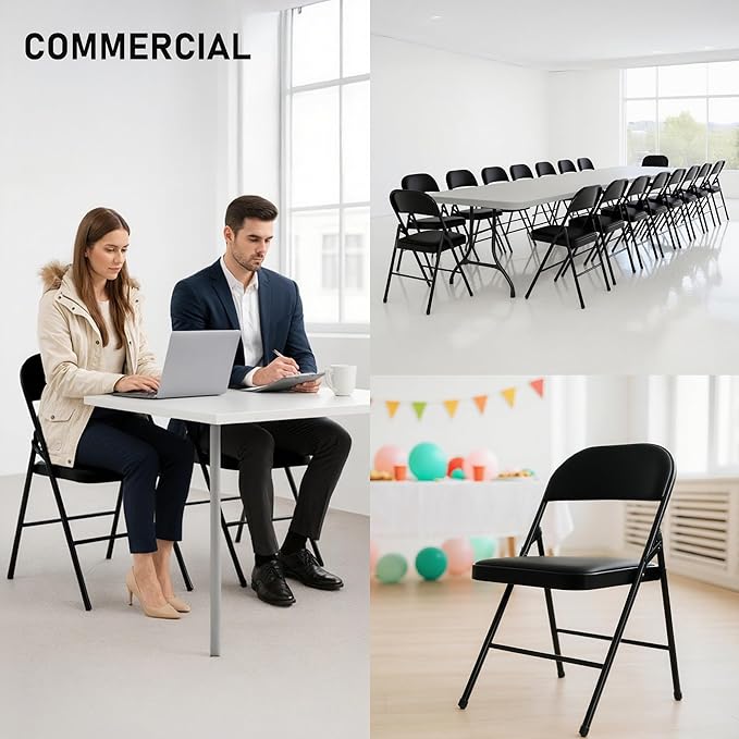 SEALAMB 30 Pack Black Folding Chairs with Padded Seats & Cushion, Durable Metal Foldable Chairs for Wedding Party, Commercial Chairs for Office School Church Events, 330lb Capacity (Black-PU, 30 Pack)