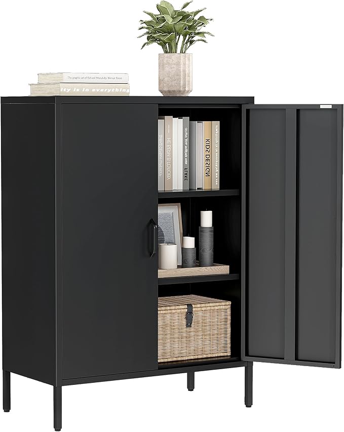 Metal Locker Storage Cabinet, Home Office Metal Storage Cabinet Small Sideboard with 2 Doors and 2 Adjustable Shelves,40" Counter Cabinets for Office Garage Bathroom Living Room Hallway