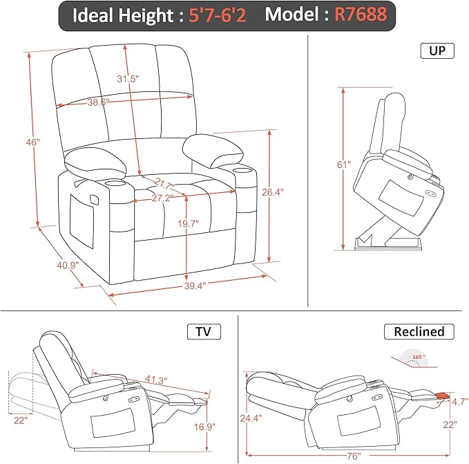 MCombo Oversized Dual Motor Power Lift Recliner Chair Sofa with Massage and Heat for Big Elderly People, Infinite Position, USB Ports, Fabric R7688 (Burgundy, Large-Oversize)