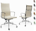 Ribbed Office Chair with Top Grain Leather - High Back Ergonomic Desk Chair with Aluminum Arms & Frame, Swivel Wheels & Tilt Function, Adjustable Height