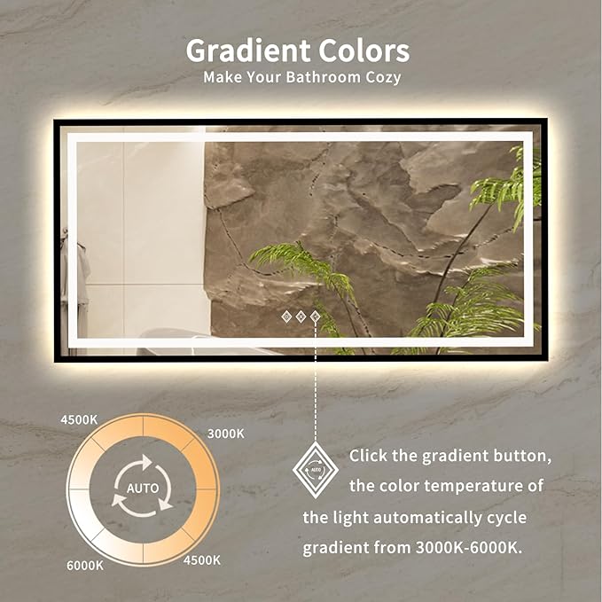 Lighted Vanity Mirror, 72x36 Inch Black Framed Gradient Front and Backlit Bathroom Mirrors for Vanity, 3 Colors Dimmable CRI>90, IP54 Enhanced Anti-Fog Wall Mounted LED Vanity Mirror