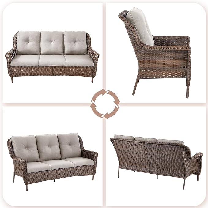 Patio Couch Outdoor Wicker Sofa - Heavy Duty All-Weather Brown Rattan 3-Seater with High Back and Comfortable Thick Cushions for Garden Back Porch Poolside Apartment - Beige