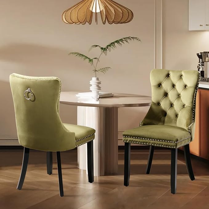 Velvet Upholstered Dining Chairs Set of 2, Modern Style Kitchen Side Chairs with Nailhead Trim and Wood Legs,Metal Pulling Ring for Dining Room Living Room(Olive Green,Set of 2)
