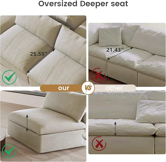 160.6" Cloud Modular Sectional Sofa with Thick Cushion, Wide 4-Seater Minimalist Sofa Couch,Convertible Couch Deep Seat Couches for Modern Living Room Sets (Khaki, 4 Seater)
