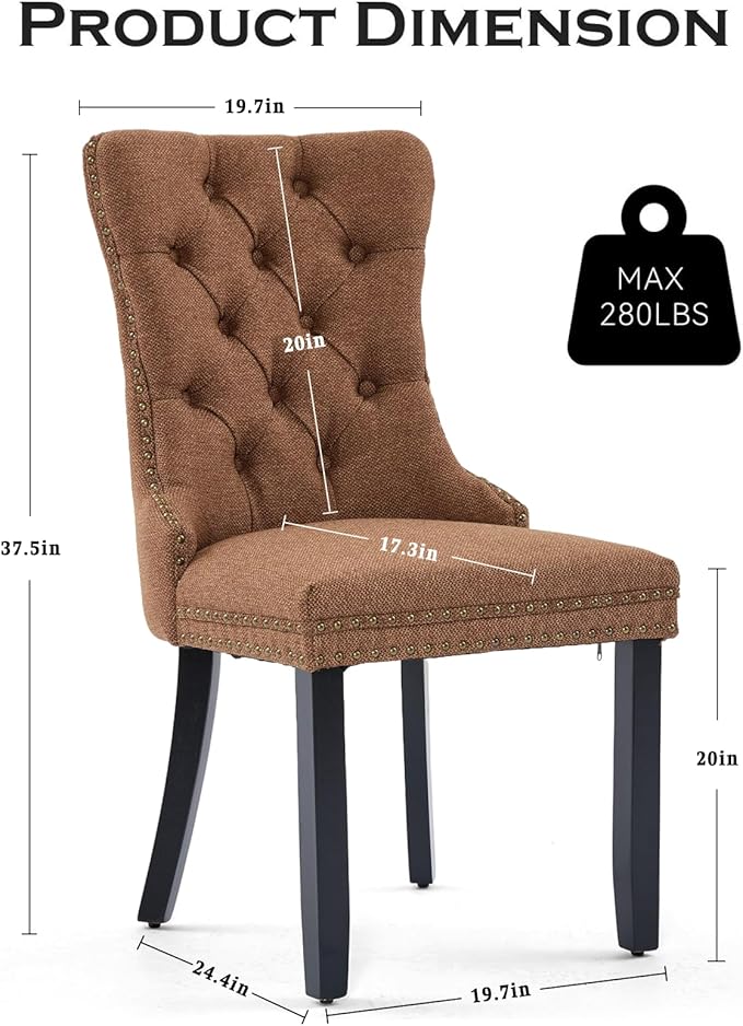 Linen Upholstered Dining Chairs Set of 8, Modern Style Kitchen Side Chairs with Nailhead Trim and Wood Leg, Metal Pulling Ring for Dining Room Living Room(Coffee,Set of 8)