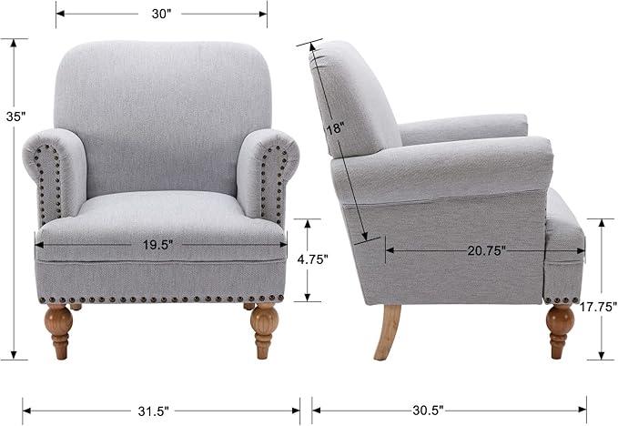 Modern Linen Accent Chairs Set of 2 Comfy Reading Chairs Upholstered Lounge Chair Single Sofa Couch for Bedroom/Living Room, Grey