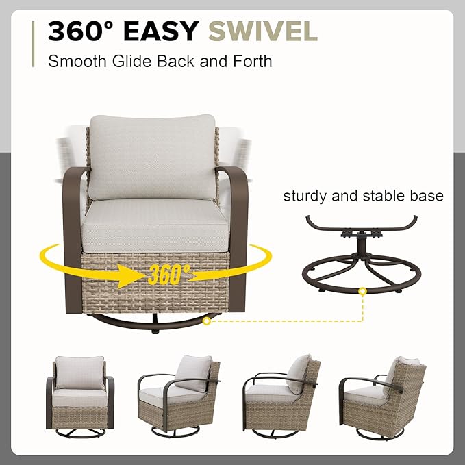COOS BAY Aurora Terrace Half-Moon Outdoor Furniture Set, Rattan Conversation Set with Swivel Rockers, Curved 5-Seat Sofa, Coffee Table & Side Table, Seats 7, Beige/Beige