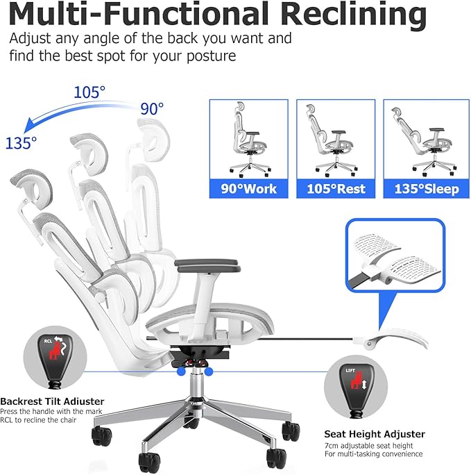 PatioMage Ergonomic Office Chair, Big and Tall Desk Chair with Adjustable Lumbar Support & Seat Depth, High Back Computer Chair, Swivel Mesh Chairs with Wheels for Home Office, White