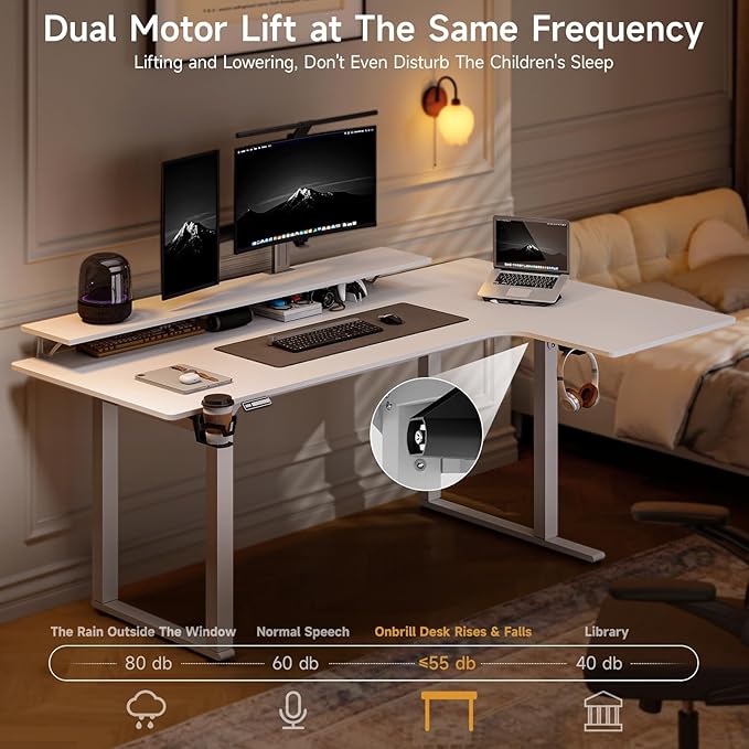 L Shaped Standing Desk, 63x43'' Electric L Stand Up Desk with 2 Adjustable Monitor Shelves, Dual Motor and Memory Controller, Adjustable Height from 28-46'' for Home and Computer Workstation, White
