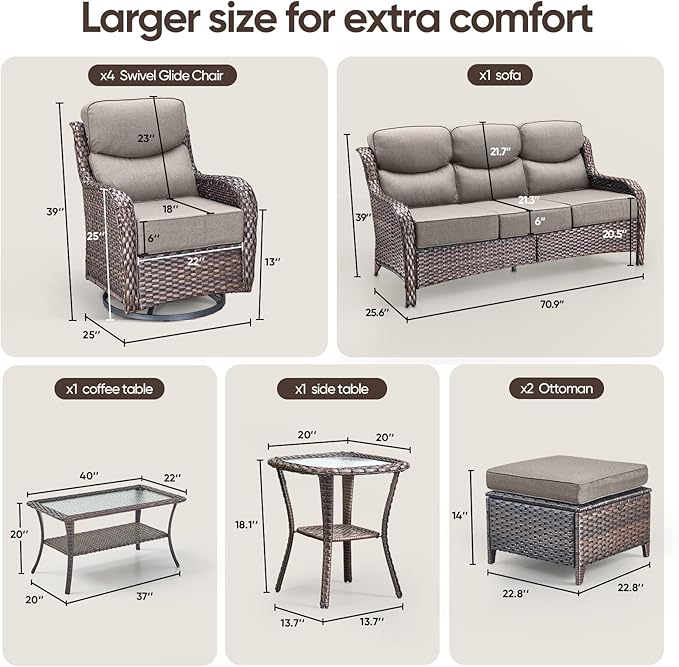 Swivel Patio Chairs sofa Set of 9 with 6" Thick Cushion - Wicker Outdoor Swivel Rocker Patio Chair ,Sofa/Glass coffee table, High Back Comfortable Outdoor Glider Chairs -Brown Wicker | Gery Cushions