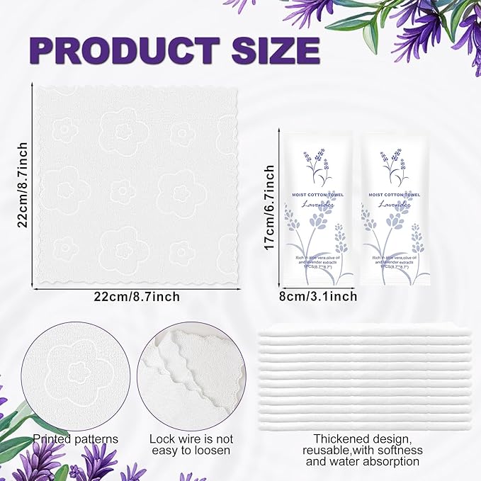 Moist Cotton Towel Bulk Moist Towelettes Individually Wrapped,White Towel Services,Refreshment Pre Moistened Towels for Dentist Travel Sport Party Hotel 100,Lavender