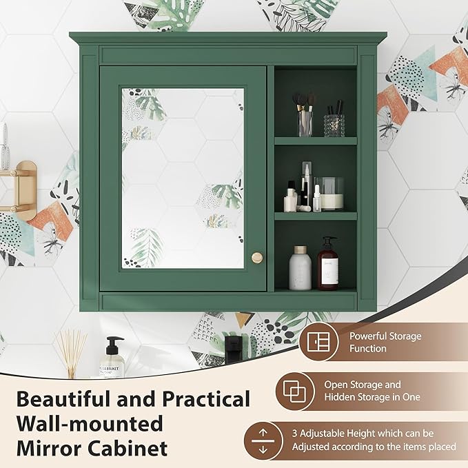 Bathroom Wall Cabinet with Mirror, 30'' x 28'' Medicine Cabinet with Mirror Door and Adjustable Shelves, Over Toilet Storage Cabinet, Wall-Mounted Bathroom Mirrors for Over Sink with Storage