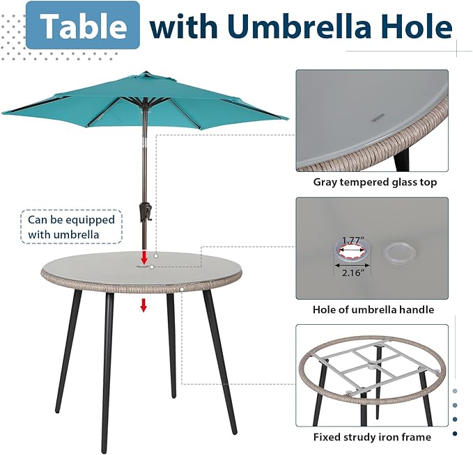 JOIVI 5 Pieces Outdoor Patio Dining Sets, Rattan Dining Chairs Set of 4 with Cushions, Outdoor Round Table with Tempered Glass Tabletop & 2.16”Umbrella Hole, Tan