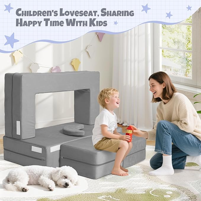 5 Pcs Modular Kids Play Couch, Toddler Couches That Fold Out, Plush Foam Chair for Children’s Playroom, Velvet Fabric Convertible Foam and Floor Cushion for Boys and Girls (Dark Gray,02)