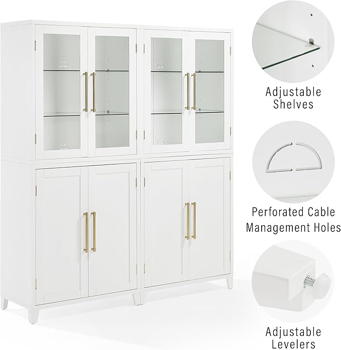 Crosley Furniture Roarke 2-Piece Glass Door China Hutch Kitchen Pantry Storage Cabinet Set, Dining Room, White