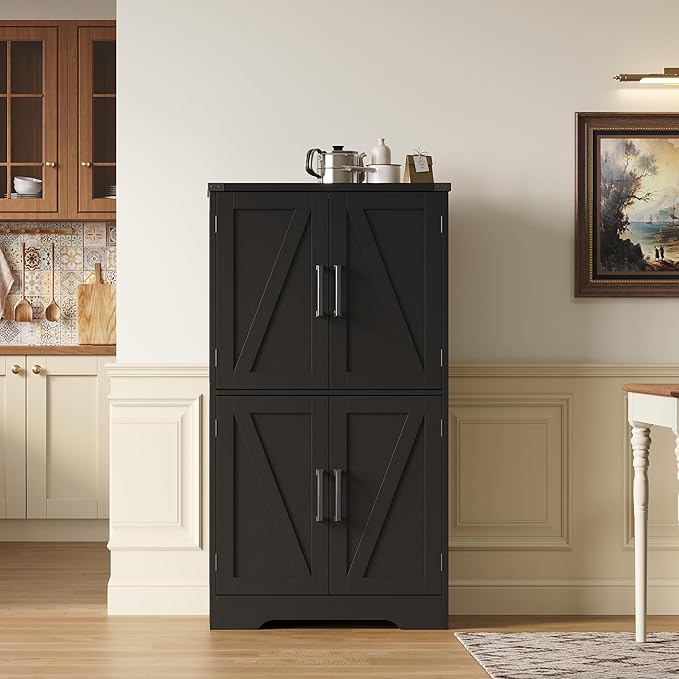 Treocho Bathroom Floor Cabinet, Farmhouse Bathroom Storage Cabinet with Doors and Adjustable Shelves, Freestanding Kitchen Pantry Cabinet, Cupboard for Living Room, Dining Room, Black