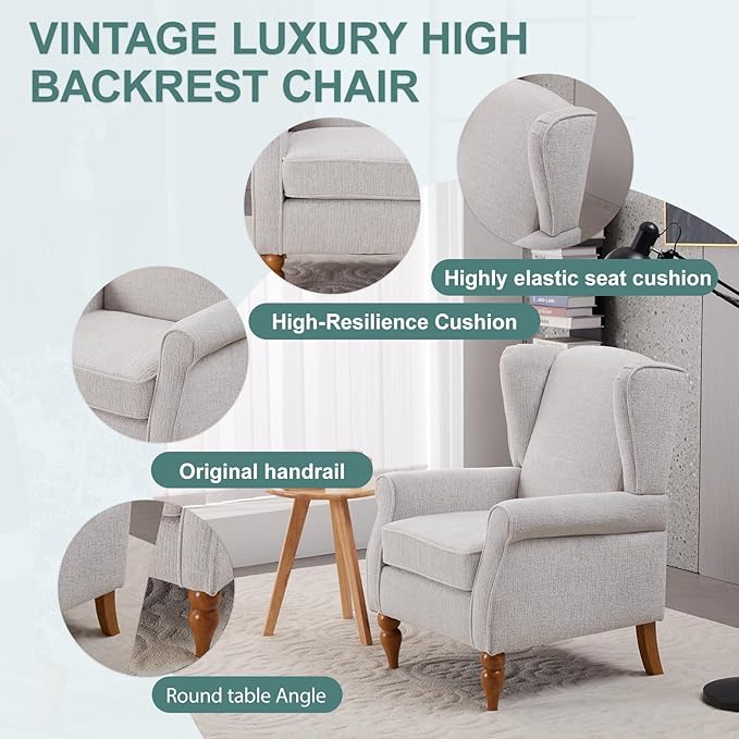 Modern High - Back Accent Chair and Side Table Set - Upholstered Wingback Armchair for Living Room, Bedroom,Office(Beige)