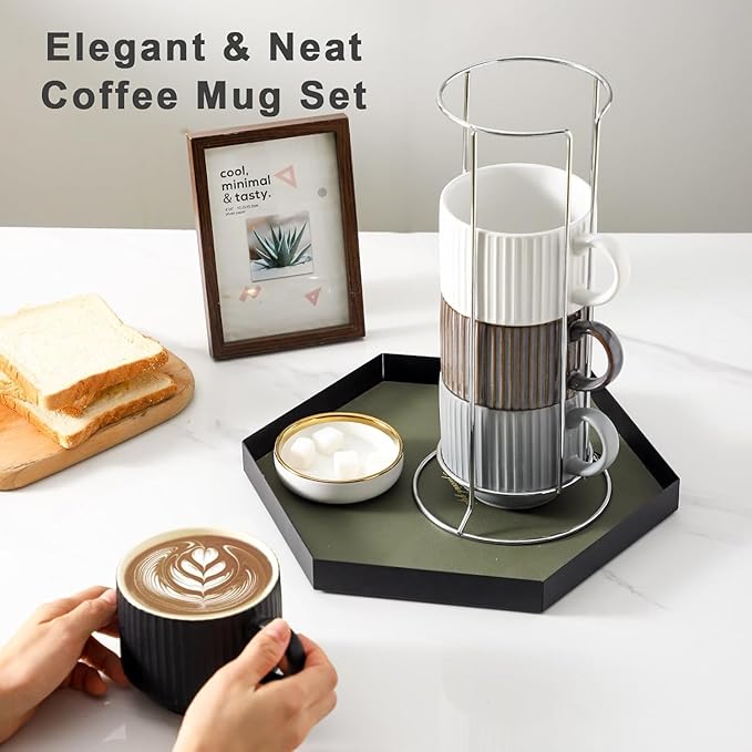 Ceramic Coffee Mugs with Stand,15 Ounce Stackable Coffee Cups Set of 4 for Latte,Cappuccino,Mocha,Cocoa,Ribbed Vintage Coffee Cups for Men Women,Dishwasher & Microwave Safe,Ribbed Multicolor