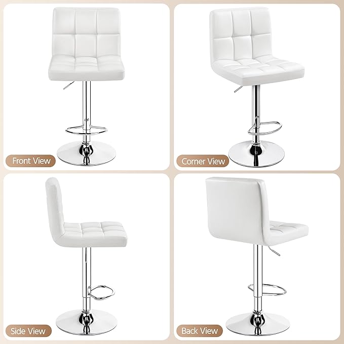 Yaheetech Bar Stools, PU Leather Adjustable Swivel Barstools, Armless Hydraulic Kitchen Counter Bar Stool, Kitchen Island Chairs, White