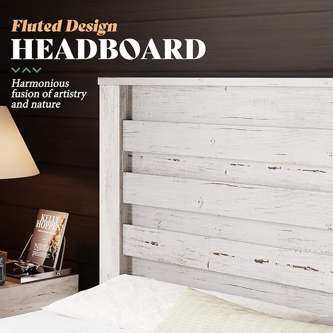 AMERLIFE Farmhouse King Size Bed Frame with 49" Fluted Headboard, Wood Platform Bed with Natural Wood Grain, No Box Spring Needed/Noise Free, Distressed White
