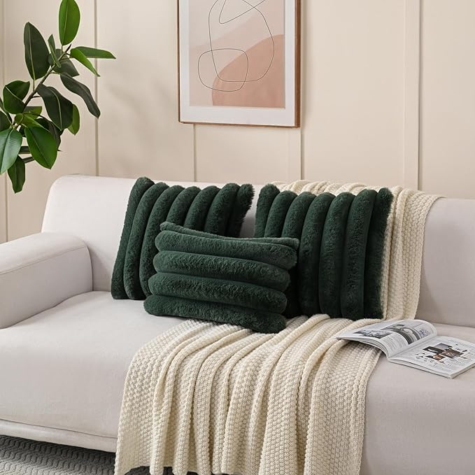 FUTEI Christmas Dark Green Decorative Throw Pillow Covers 18x18 Inch Set of 2, Square Soft Faux Rabbit Fur Thick Striped Cushion Cover,Winter Home Decor for Couch Bed Living Room