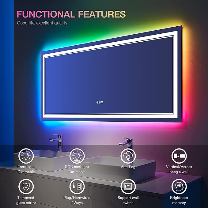 55x30 Inch RGB LED Mirror for Bathroom, RGB Backlit and Front Lighted Bathroom Mirror, Large Dimmable Vanity Mirror with Lights,Anti-Fog, Memory,ETL Listed, Wall Mounted
