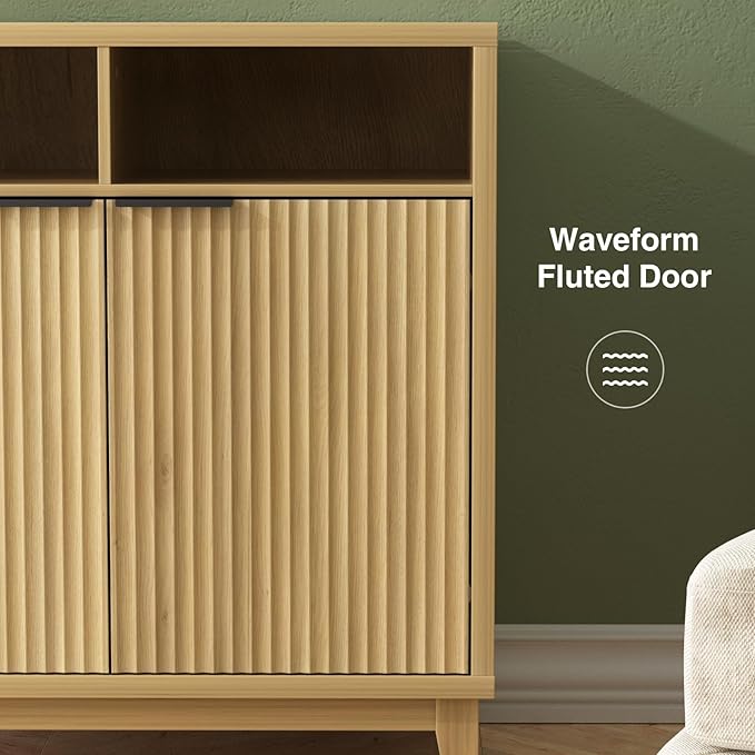 Buffet Cabinet with Storage - Elegant Fluted Storage Cabinet with Adjustable Shelves and Solid Wood Leg, Modern Buffet Sideboard for Living Room, Dining Room, Entryway