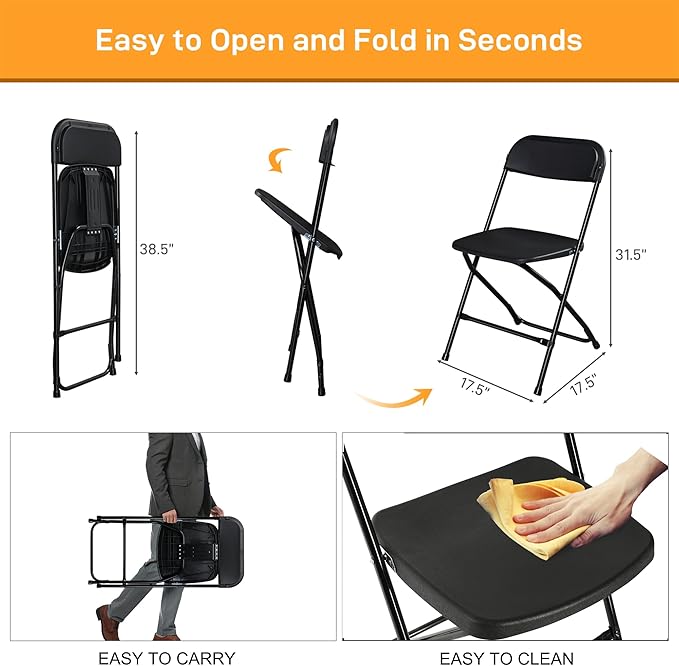 10 Pack Black Plastic Folding Chairs, Portable Party Chairs, Stackable Commercial Seats with Steel Frame for Home Office Wedding Party Indoor Outdoor Events Chairs, 350lbs Capacity