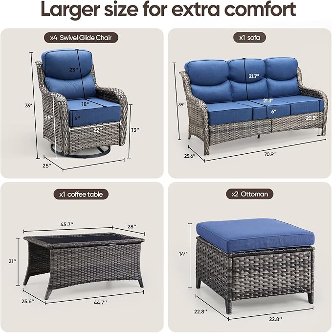 Swivel Patio Chairs sofa Set of 8 with 6" Thick Cushion - Wicker Outdoor Swivel Rocker Patio Chair ,Sofa/Glass coffee table, High Back Comfortable Outdoor Glider Chairs - Gery Wicker | Blue Cushions